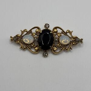 Vintage Florenza Signed Victorian Revival Moonstone Onyx Gold Tone Pin Brooch